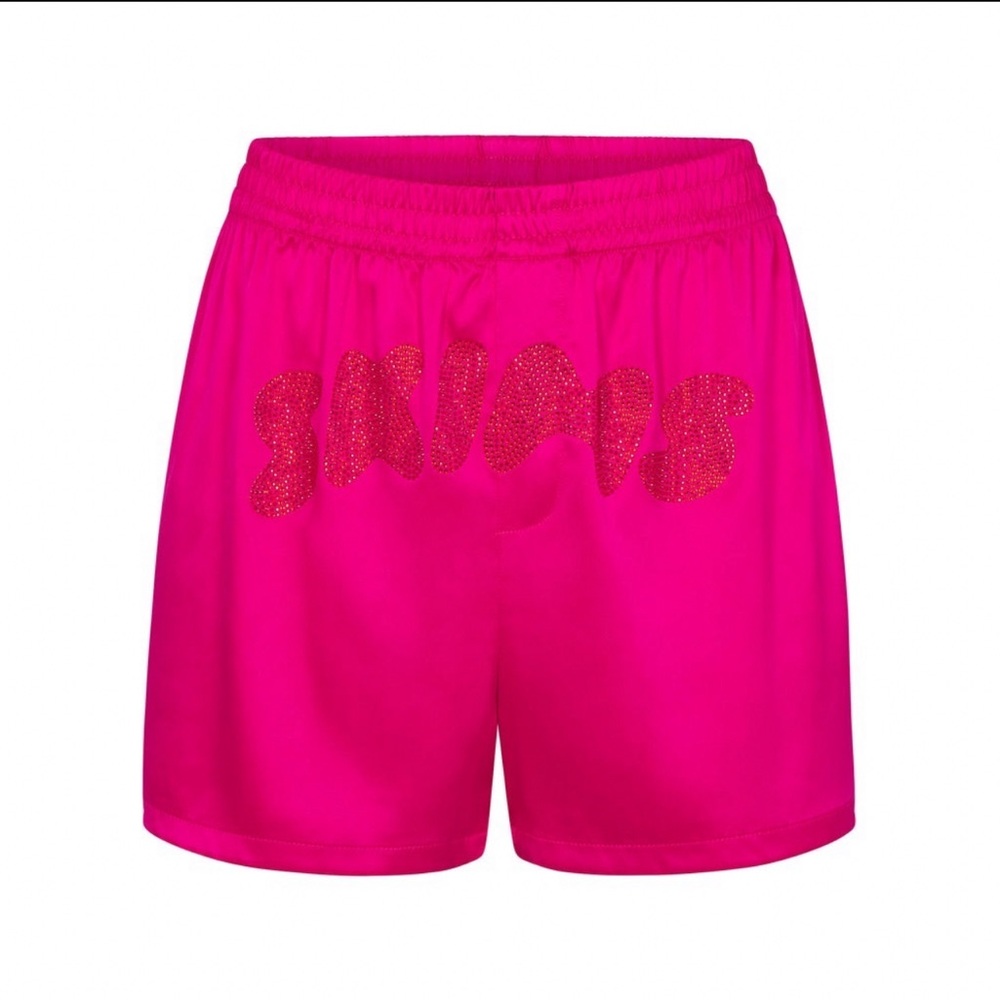 SKIMS Woven Shine Rhinestone Logo BOXERS & BRA in Raspberry - Picture 6 of 13